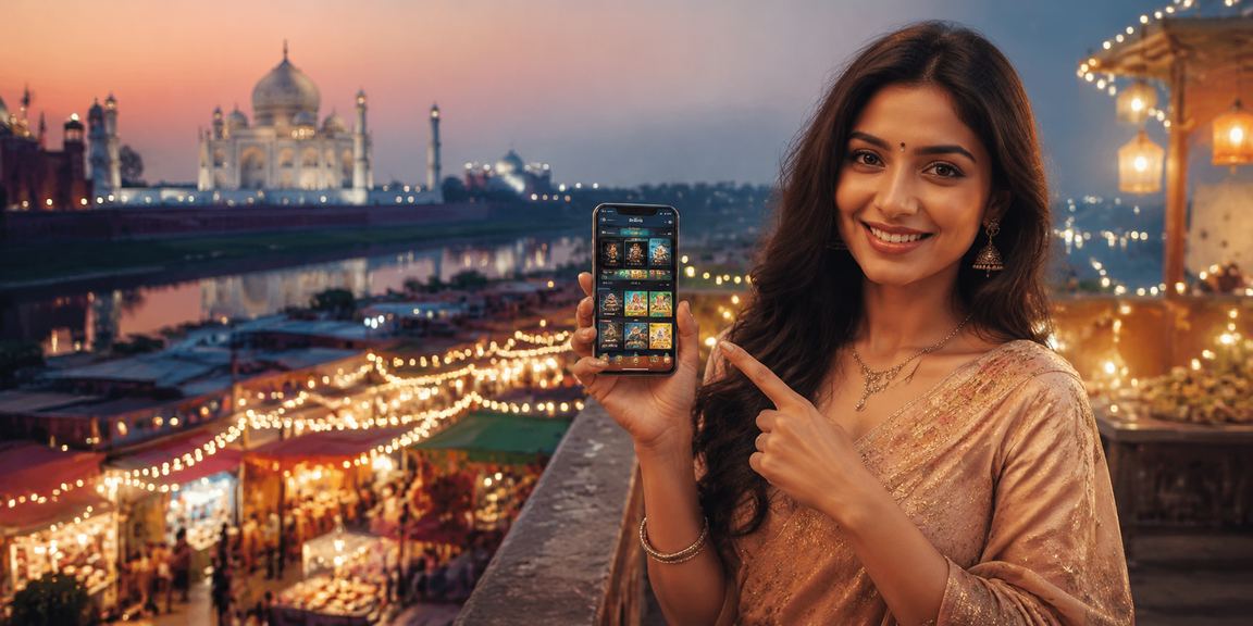 Night view of Taj Mahal with mobile casino gaming overlay